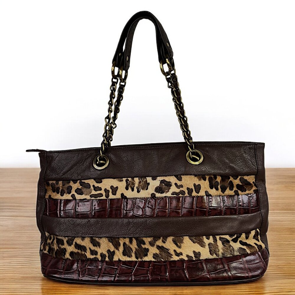 Michael Rome Woman Genuine Leather Tote Animal Print Brown Shoulder Bag